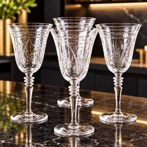 Rock Sharpe Libbey Fernwood Polished Water Goblets Set 4 Etched Vintage Crystal